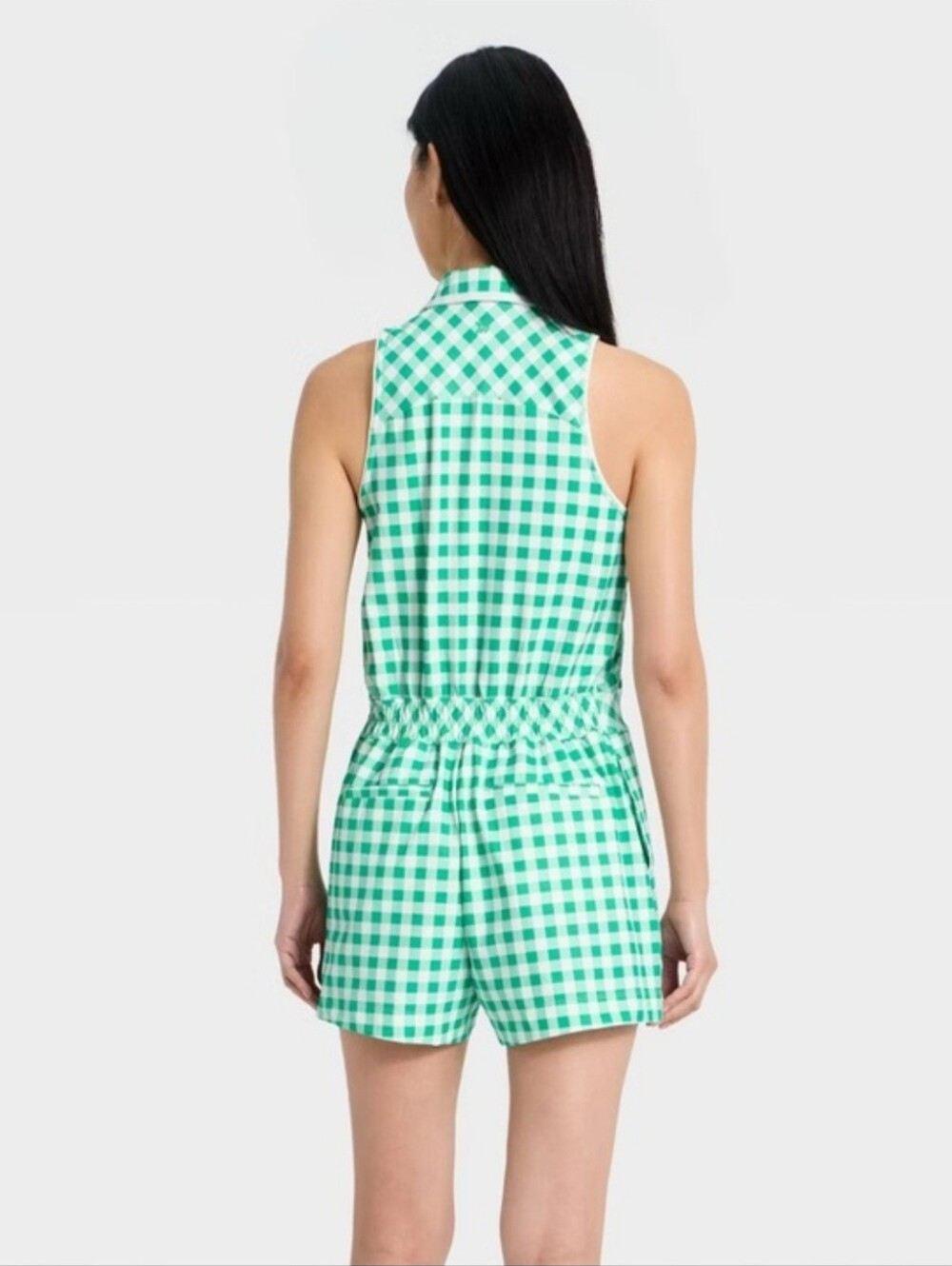 All In Motion Women's Sleeveless Knit Pleated Romper Green Gingham - Picture 2 of 4